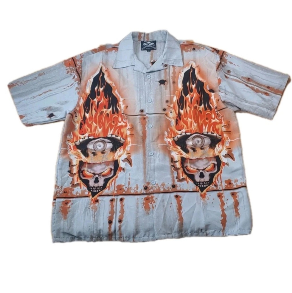 Rock House Road Skull Flames Club Shirt Men Lg Biker Button Dragonfly Grey AOP